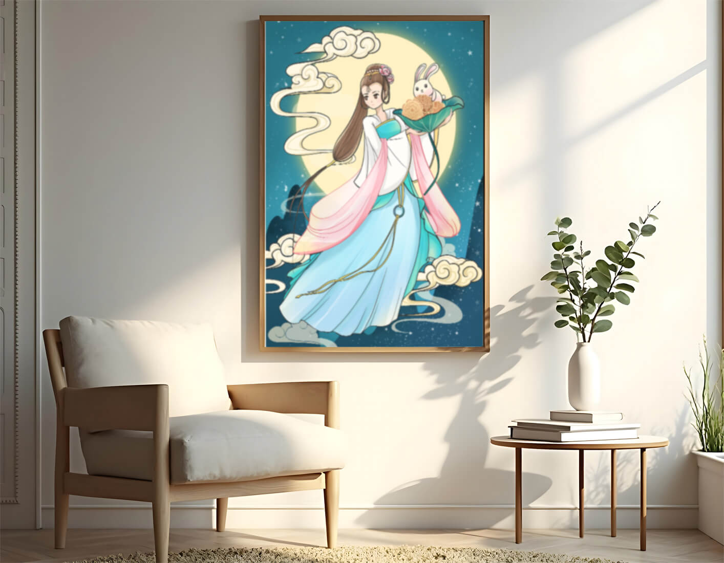 Traditional Asian-inspired artwork featuring a woman and rabbit under a moonlit sky