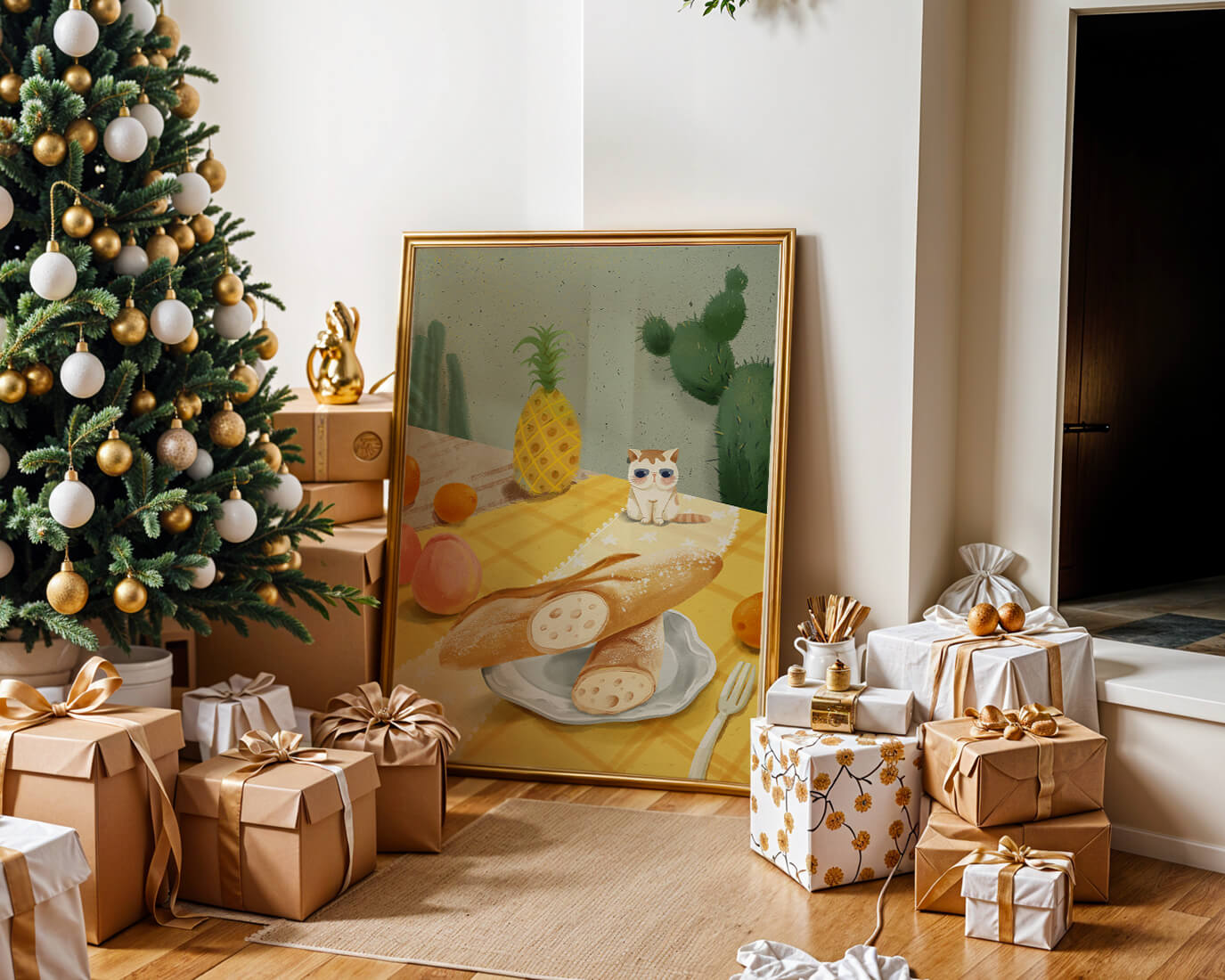 Gato con gafas de sol en un entorno tropical con baguettes y frutas
