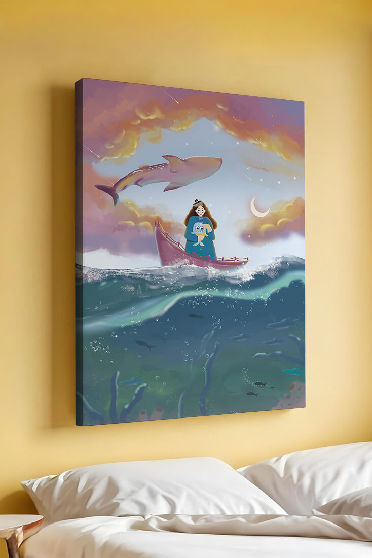 Whimsical illustration of a girl on a boat with a flying whale