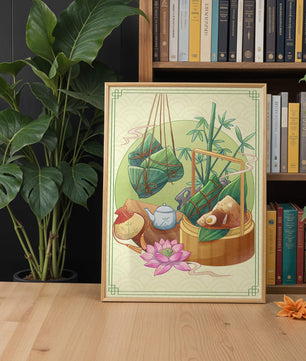 Traditional Asian tea set with bamboo and dumplings