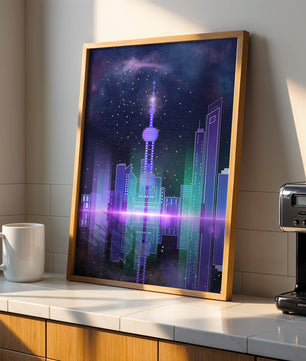 Futuristische Skyline mit leuchtenden Türmen unter sternenklarer Nacht