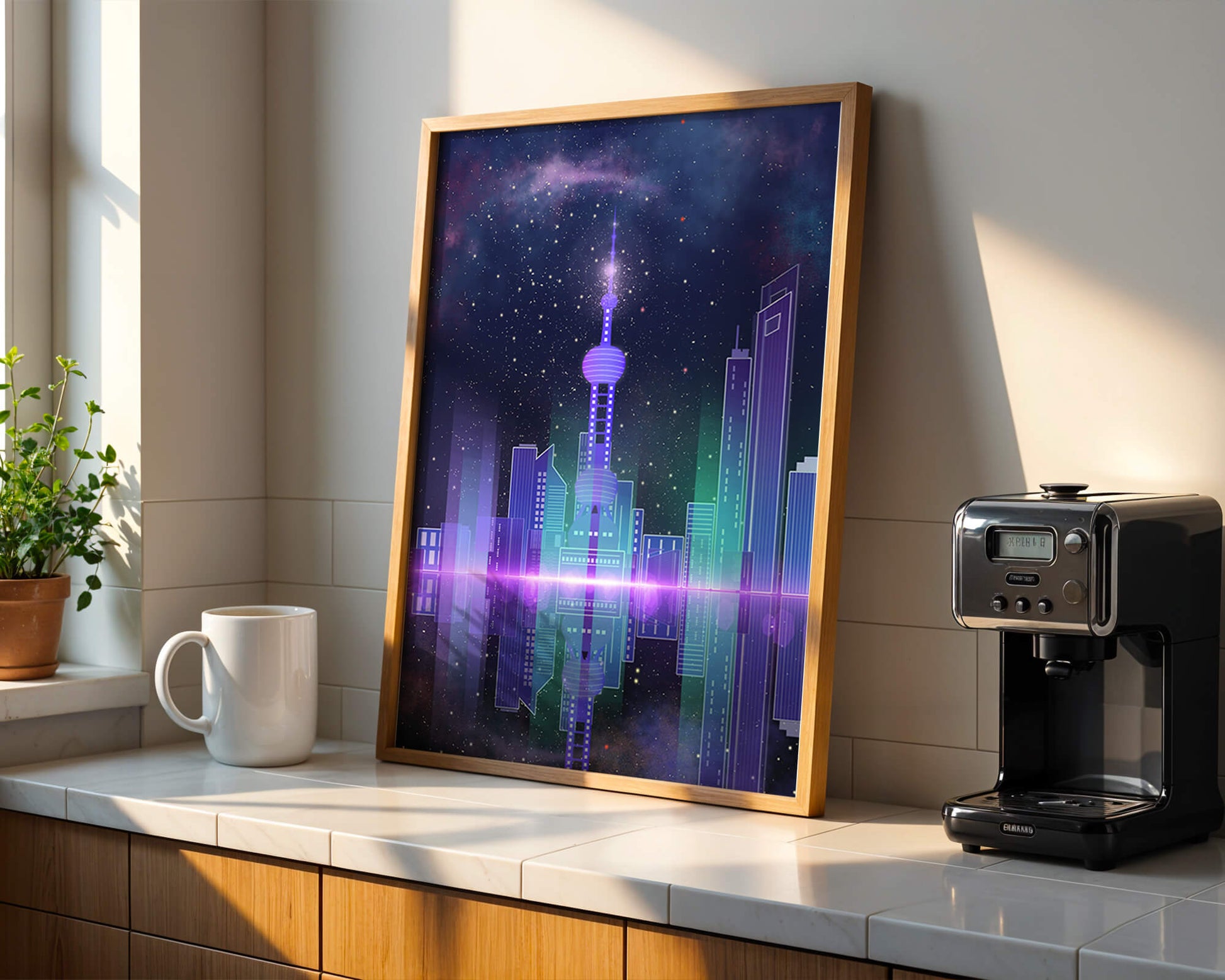 Futuristische Skyline mit leuchtenden Türmen unter sternenklarer Nacht