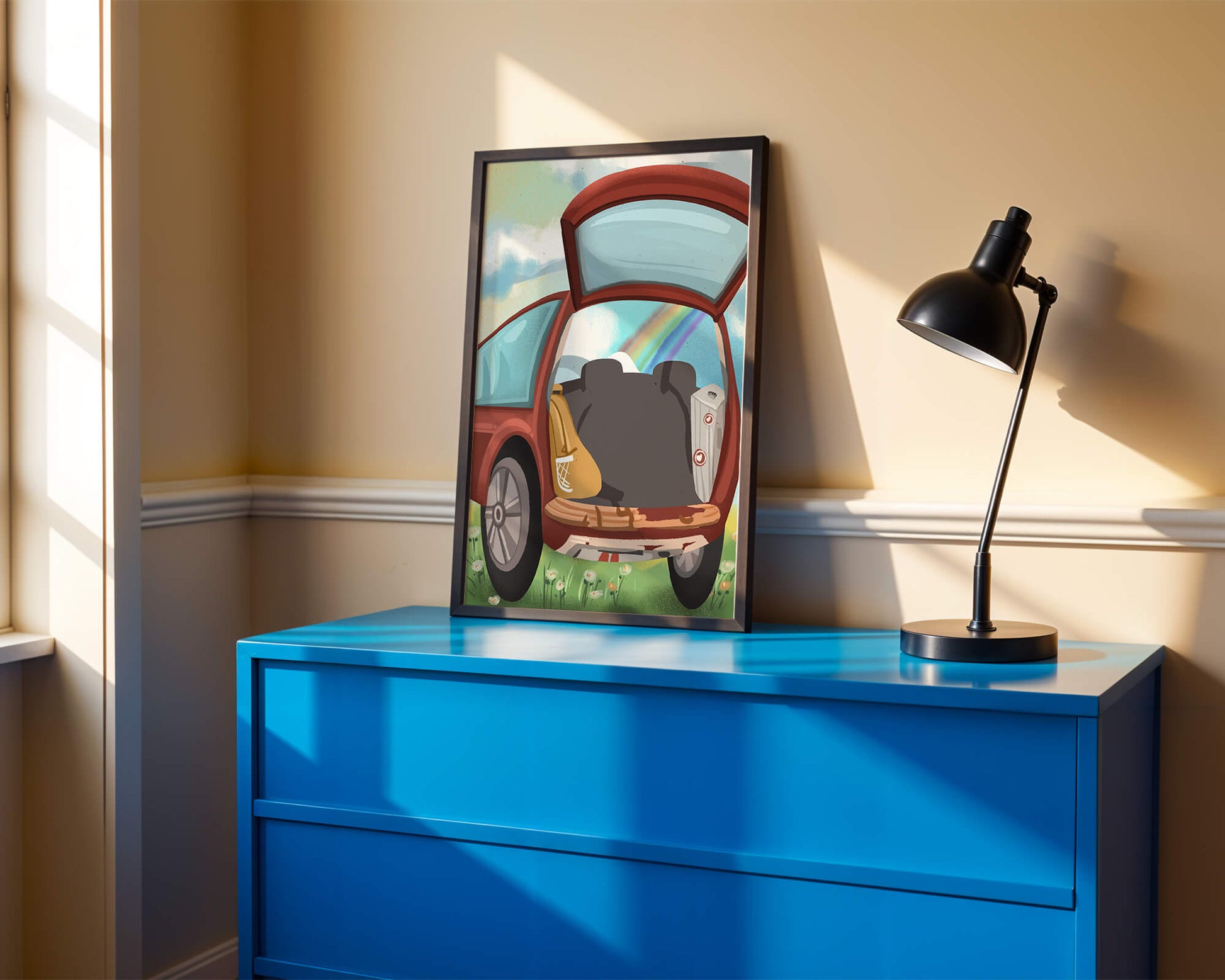 Car Trunk with Picnic Items and Rainbow in Background