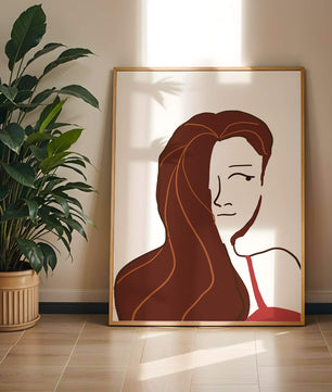 Ilustración estilizada de una mujer con cabello fluyendo y diseño minimalista