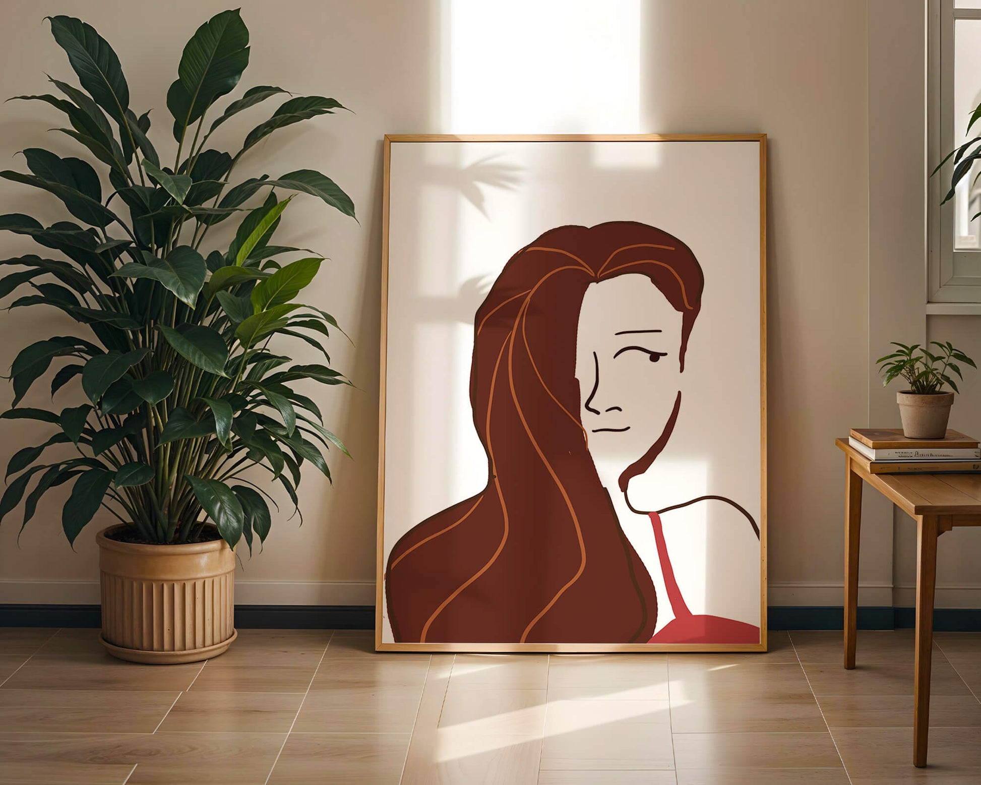 Ilustración estilizada de una mujer con cabello fluyendo y diseño minimalista