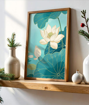 Lotus Flowers with Golden Accents on Aqua Background