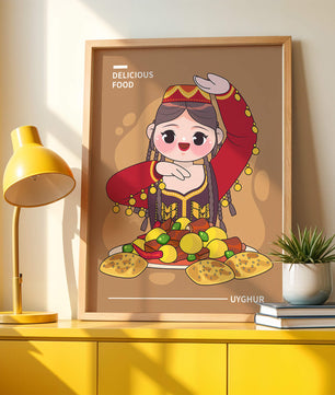 Illustration d’une figure culturelle ouïghoure portant un costume traditionnel et partageant un repas festif