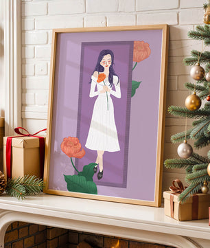 Illustration of a woman holding a flower in a serene pose