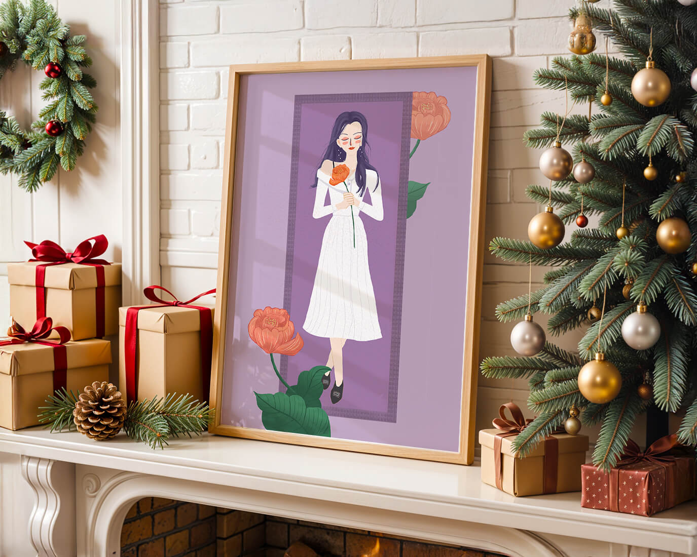 Illustration of a woman holding a flower in a serene pose