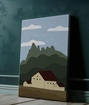 Paisaje minimalista de montaña con casas y pájaros en el cielo