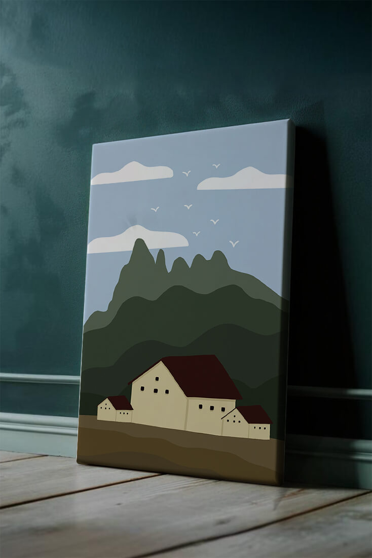 Paisaje minimalista de montaña con casas y pájaros en el cielo