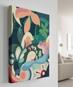 Abstract botanical artwork with vibrant colors and natural elements