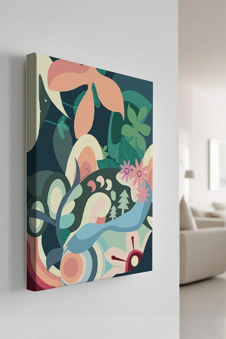 Abstract botanical artwork with vibrant colors and natural elements