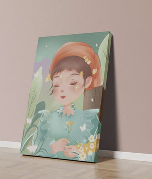 Ilustración serena de una chica en la naturaleza con flores y mariposas