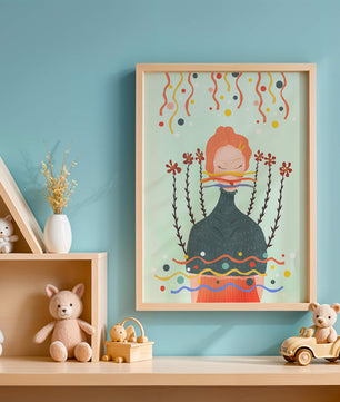 Whimsical Abstract Art of a Woman with Flowers and Streamers - Mi tienda
