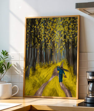 Man Walking Through a Sunny Forest with Golden Leaves