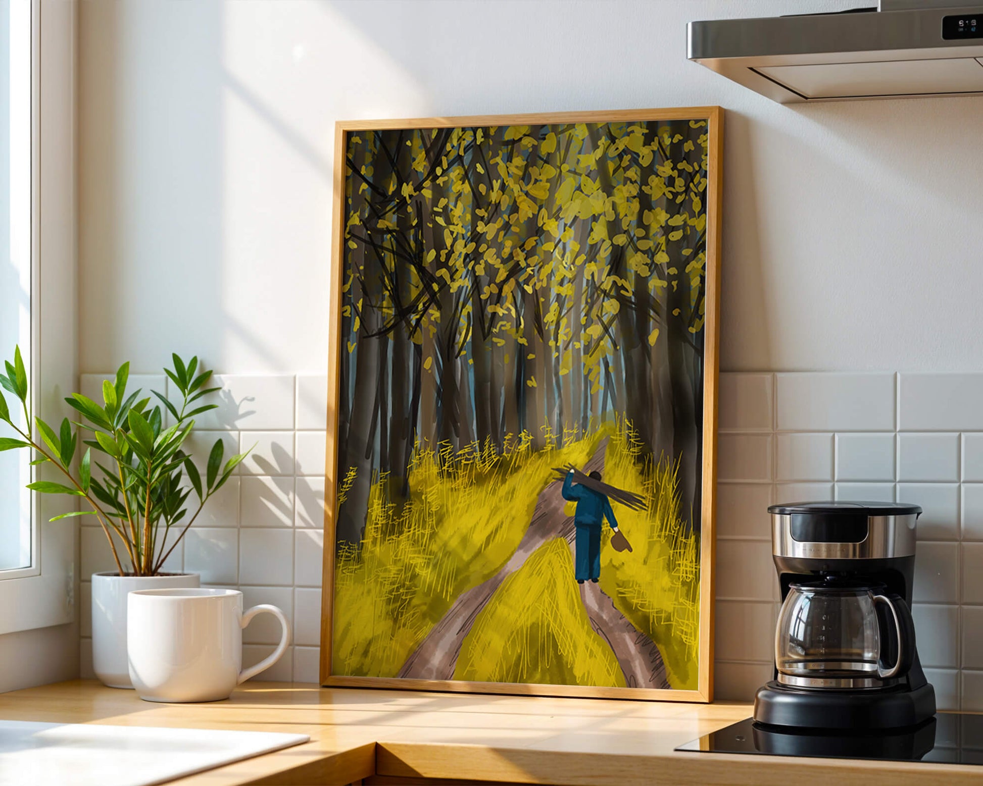 Man Walking Through a Sunny Forest with Golden Leaves