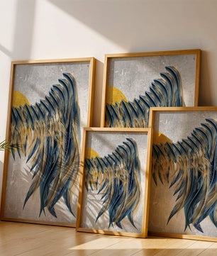 Abstract Composition with Blue and Gold Accents on Textured Background