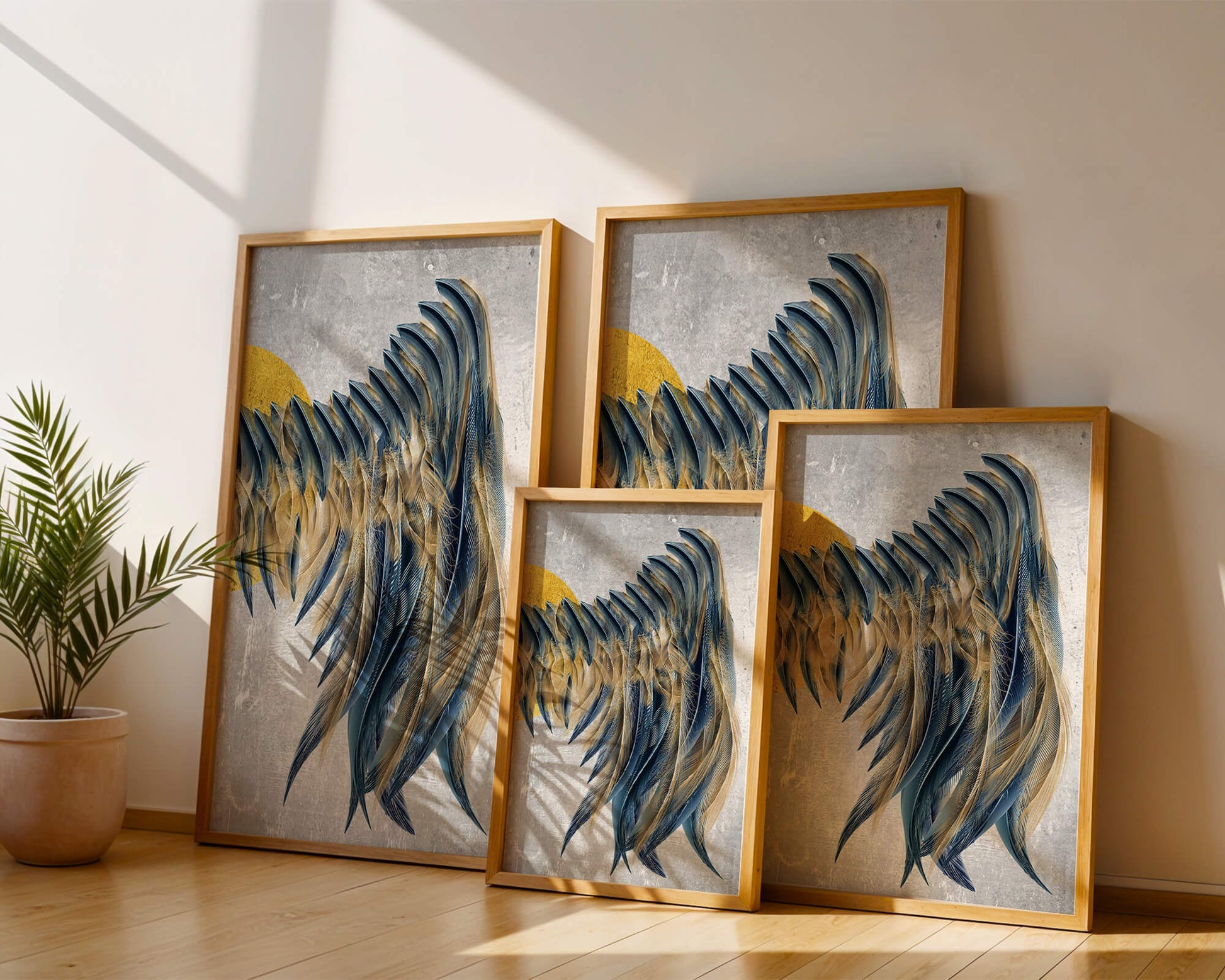 Composición abstracta con acentos azules y dorados sobre fondo texturizado