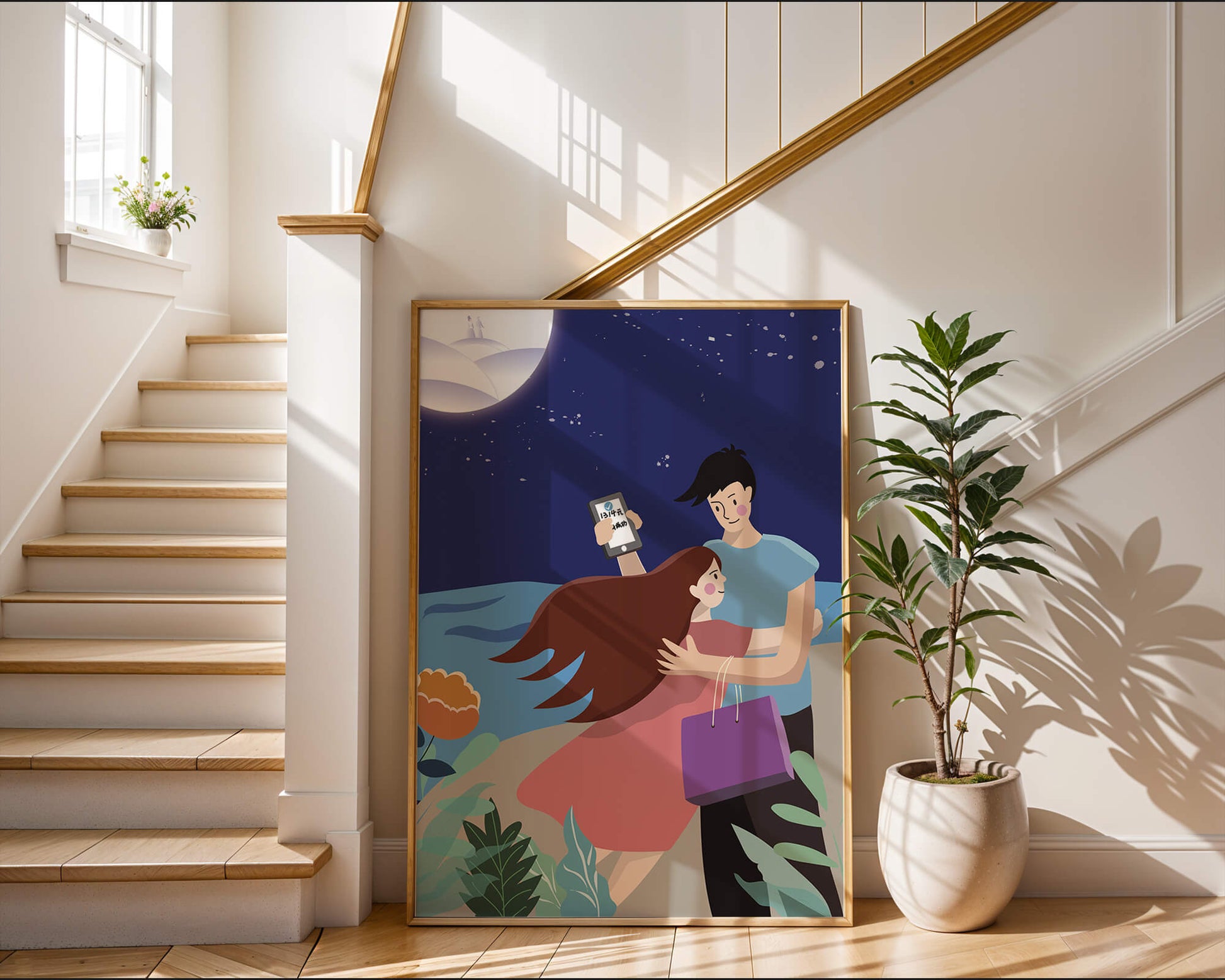 Romantic couple embracing under a moonlit night