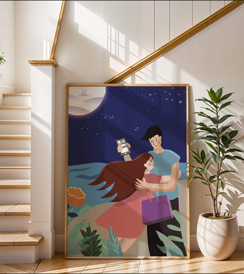 Romantic couple embracing under a moonlit night