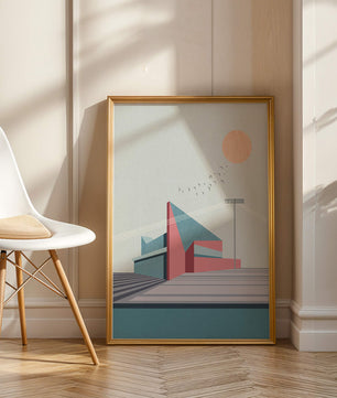 Ilustración arquitectónica moderna con diseño geométrico y atardecer
