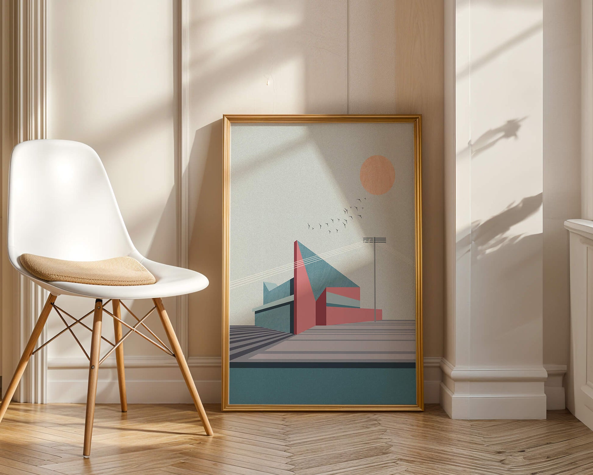 Ilustración arquitectónica moderna con diseño geométrico y atardecer