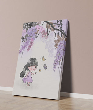 Charmante Illustration eines kleinen Mädchens mit Schmetterlingen und Glyzinienblüten