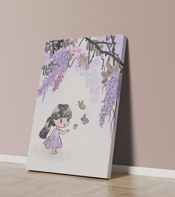 Charming illustration of a little girl with butterflies and wisteria flowers