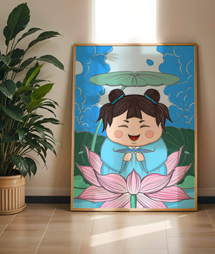 Whimsical illustration of a joyful child with lotus and umbrella