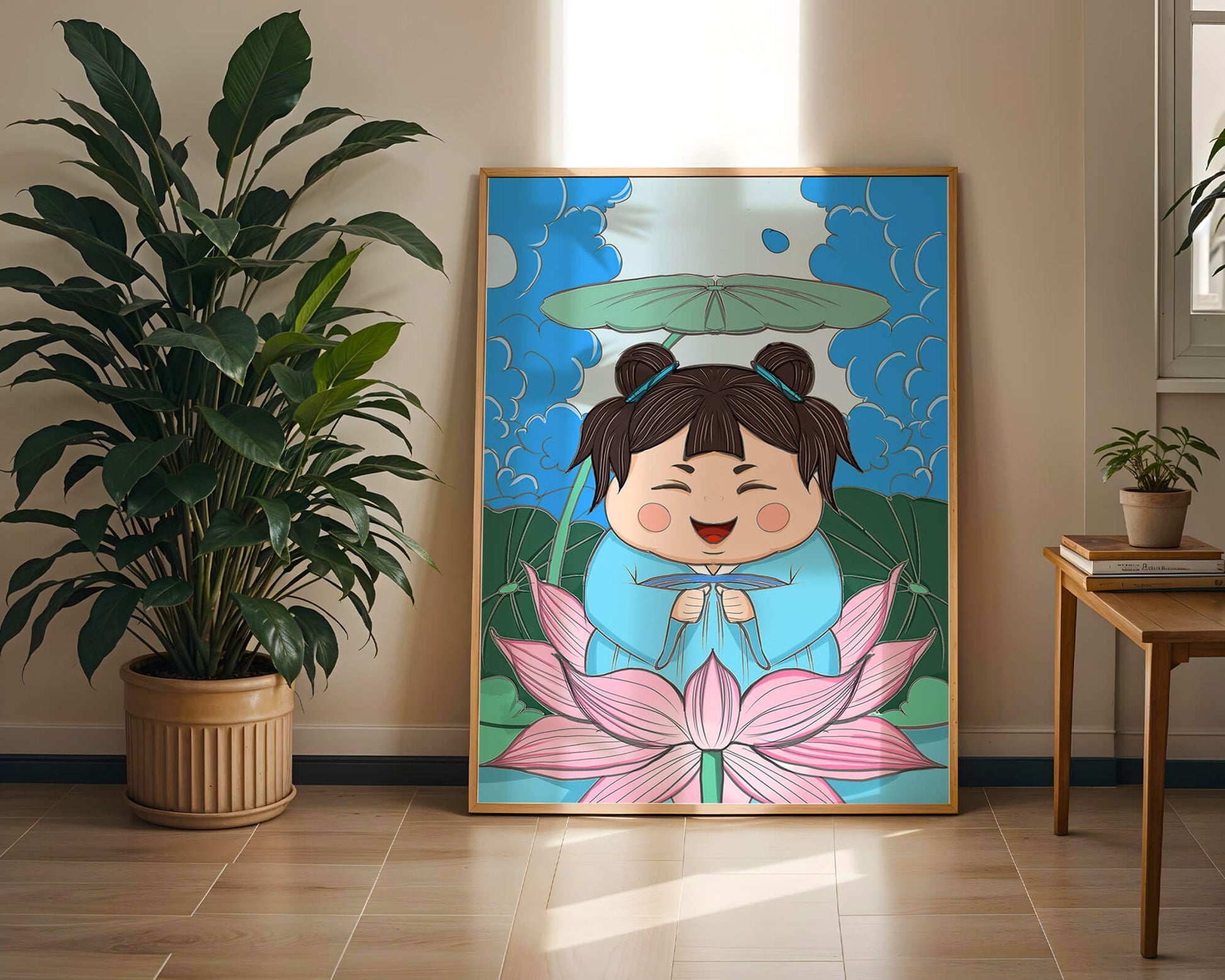 Whimsical illustration of a joyful child with lotus and umbrella