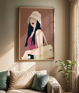 Ilustración elegante de una mujer con sombrero de cubo y ropa casual