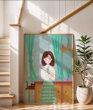 Charming Illustration of Woman and Cat in Cozy Living Room