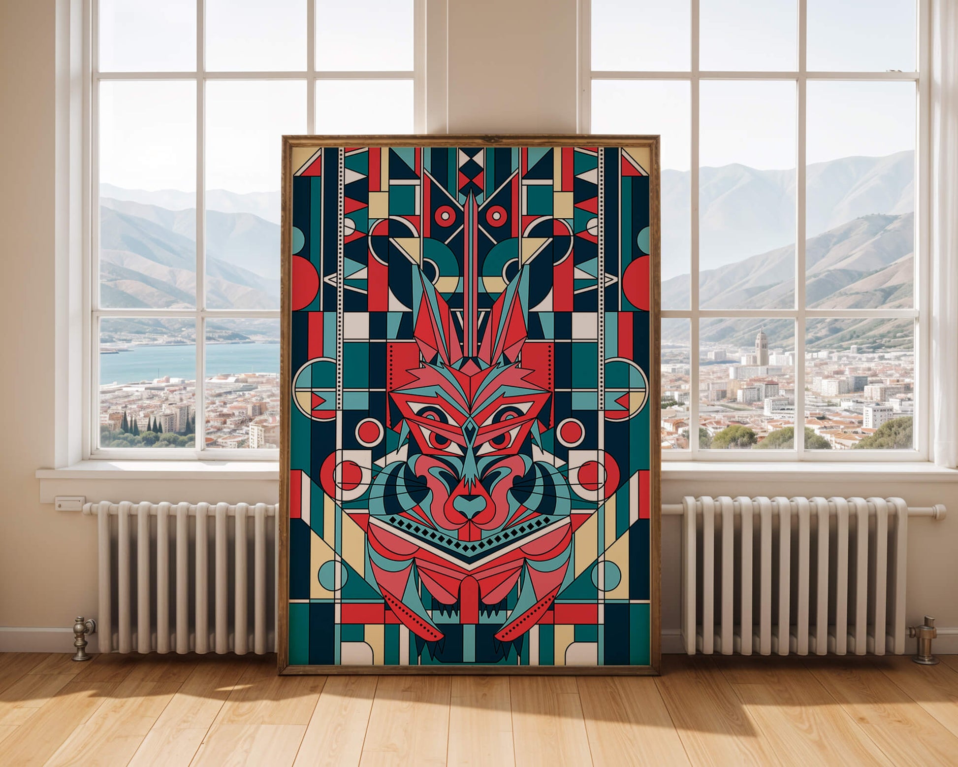 Arte abstracto geométrico de lobo con influencias tribales