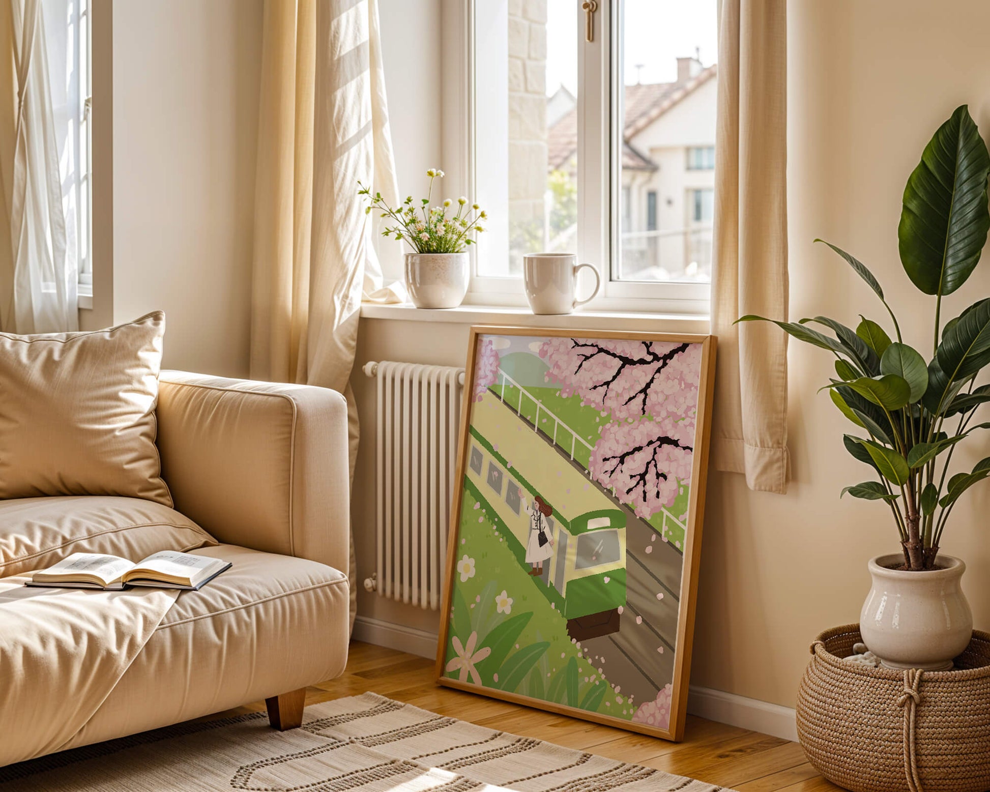 Cherry Blossoms and Train Scene in Spring Landscape