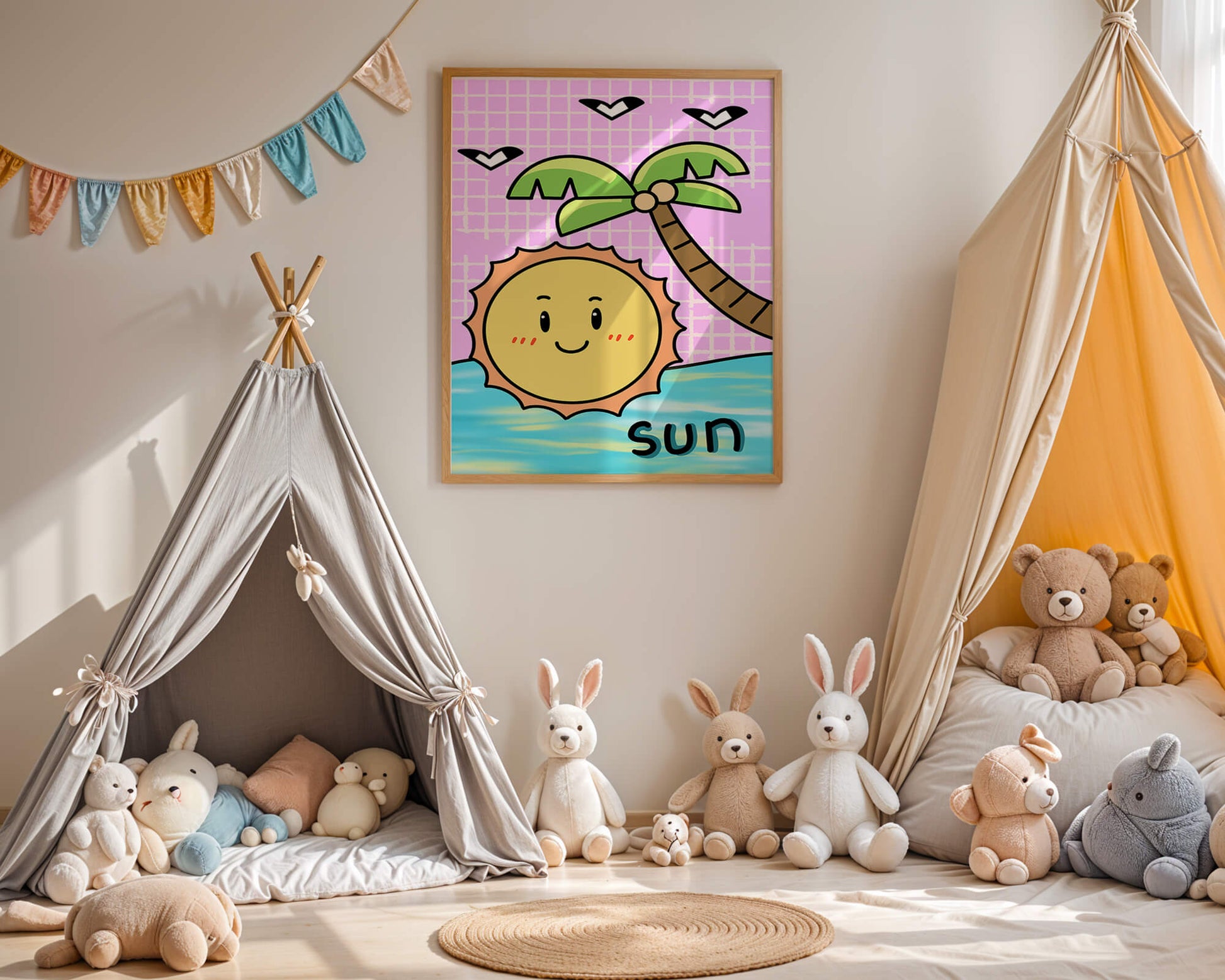 Cartoon sun with palm tree and ocean scene