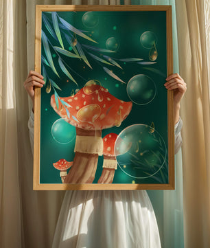 Whimsical forest scene with mushrooms and glowing bubbles