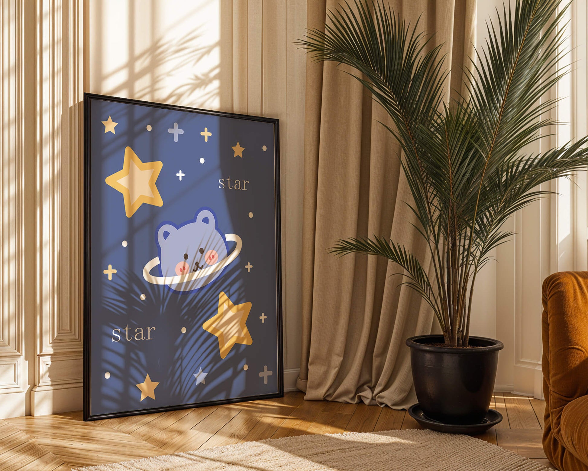 Adorable cartoon bear with stars on a blue background