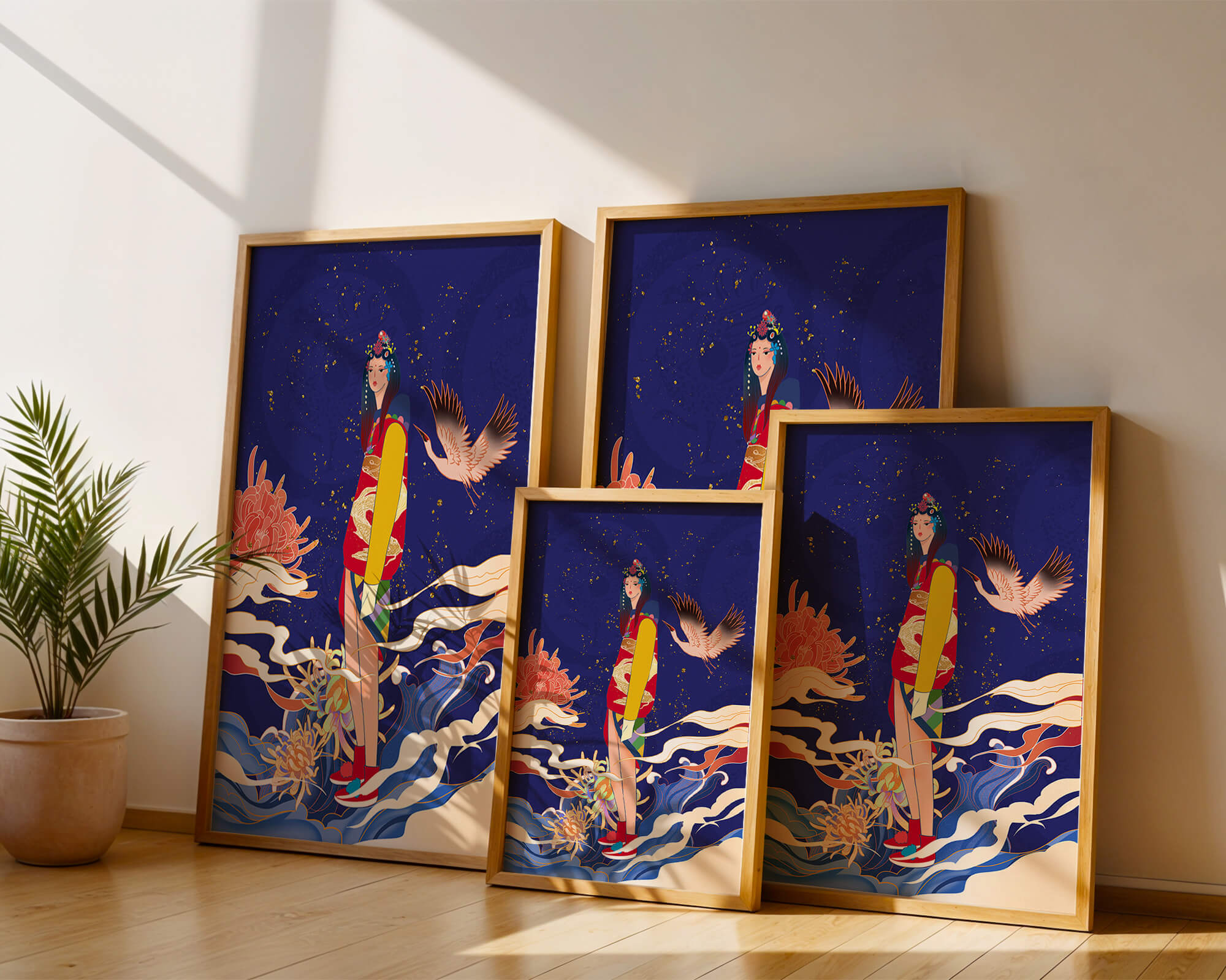 Elegant fusion of traditional and modern art with floral and avian elements