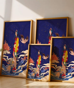 Fusion élégante d’art traditionnel et moderne avec des éléments floraux et aviaires
