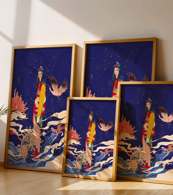 Elegant fusion of traditional and modern art with floral and avian elements