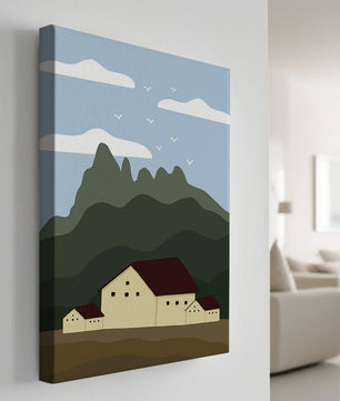 Paisaje minimalista de montaña con casas y pájaros en el cielo