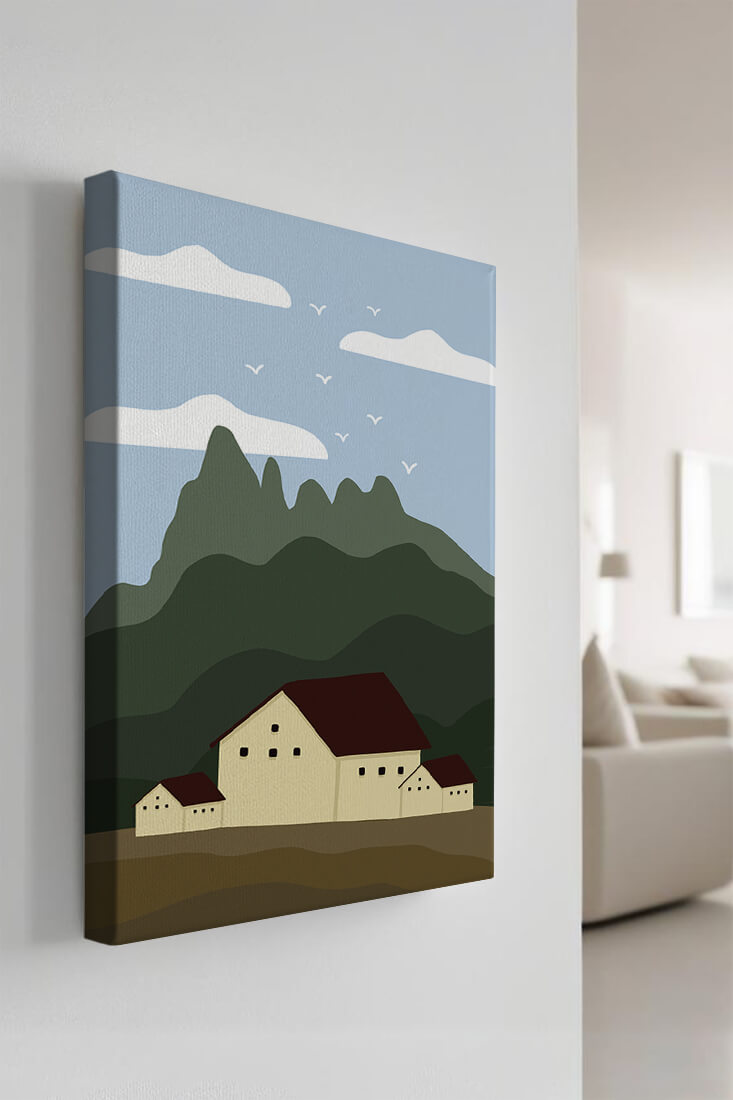 Paisaje minimalista de montaña con casas y pájaros en el cielo