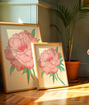 Delicate Pink Peony with Green Leaves Illustration