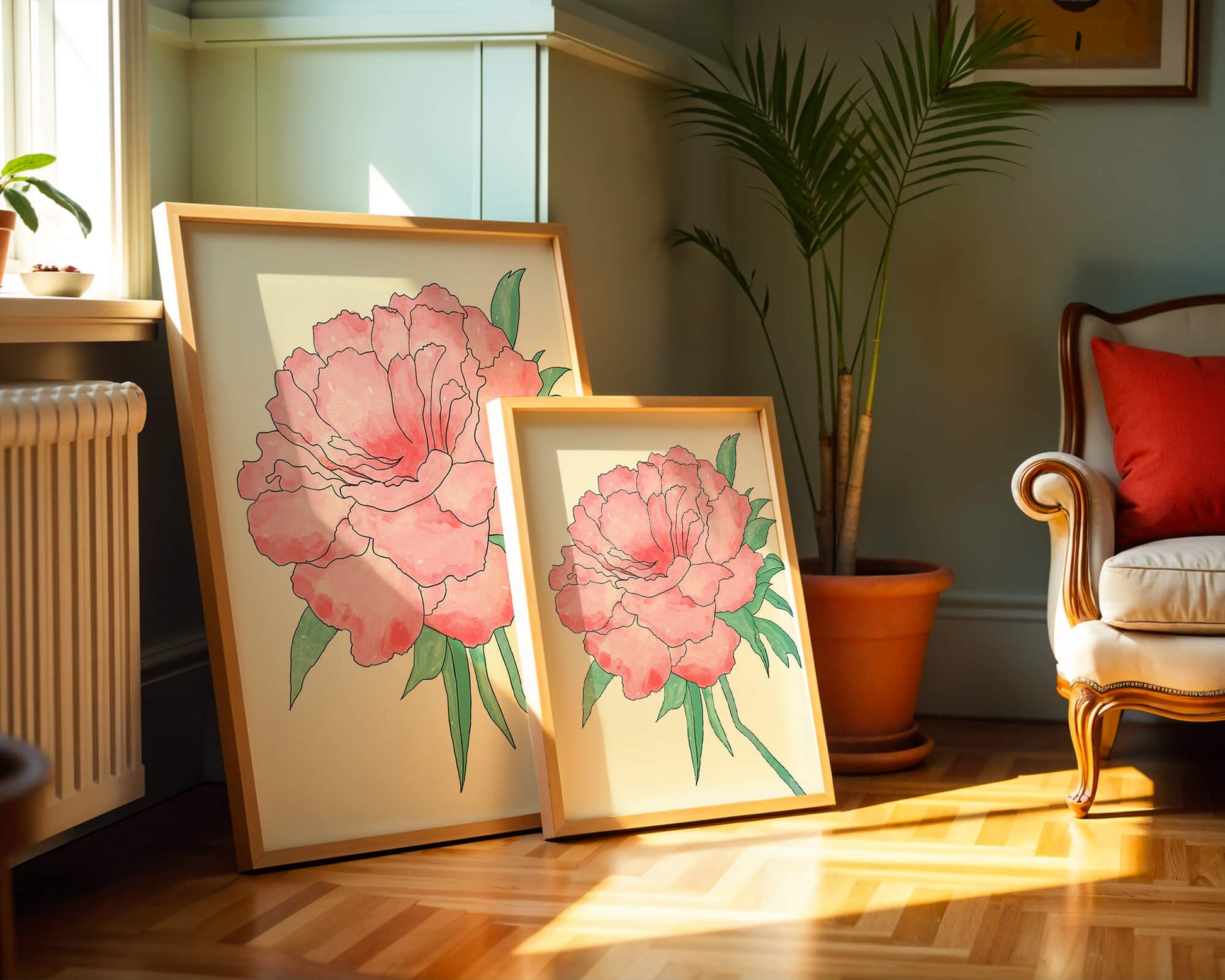 Delicate Pink Peony with Green Leaves Illustration