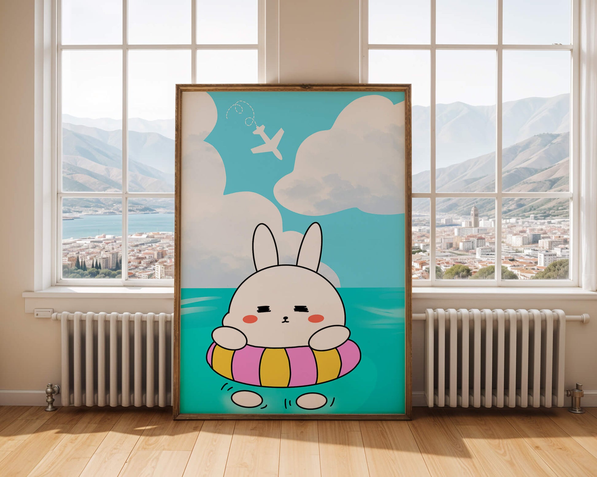 Illustration of a cute bunny floating on a colorful inflatable in a blue ocean under a bright sky with an airplane