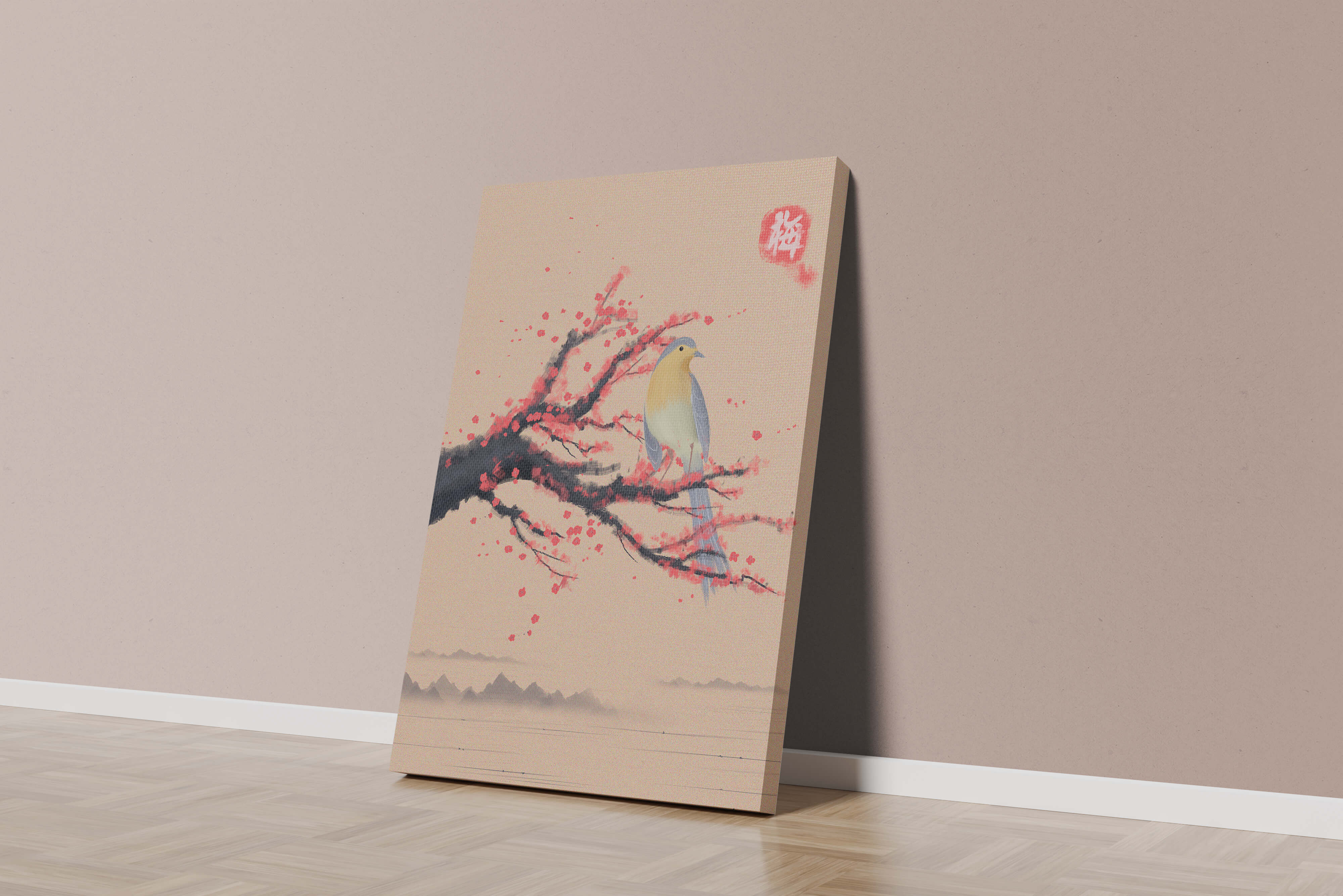 Serene bird on cherry blossom branch in traditional Asian art style
