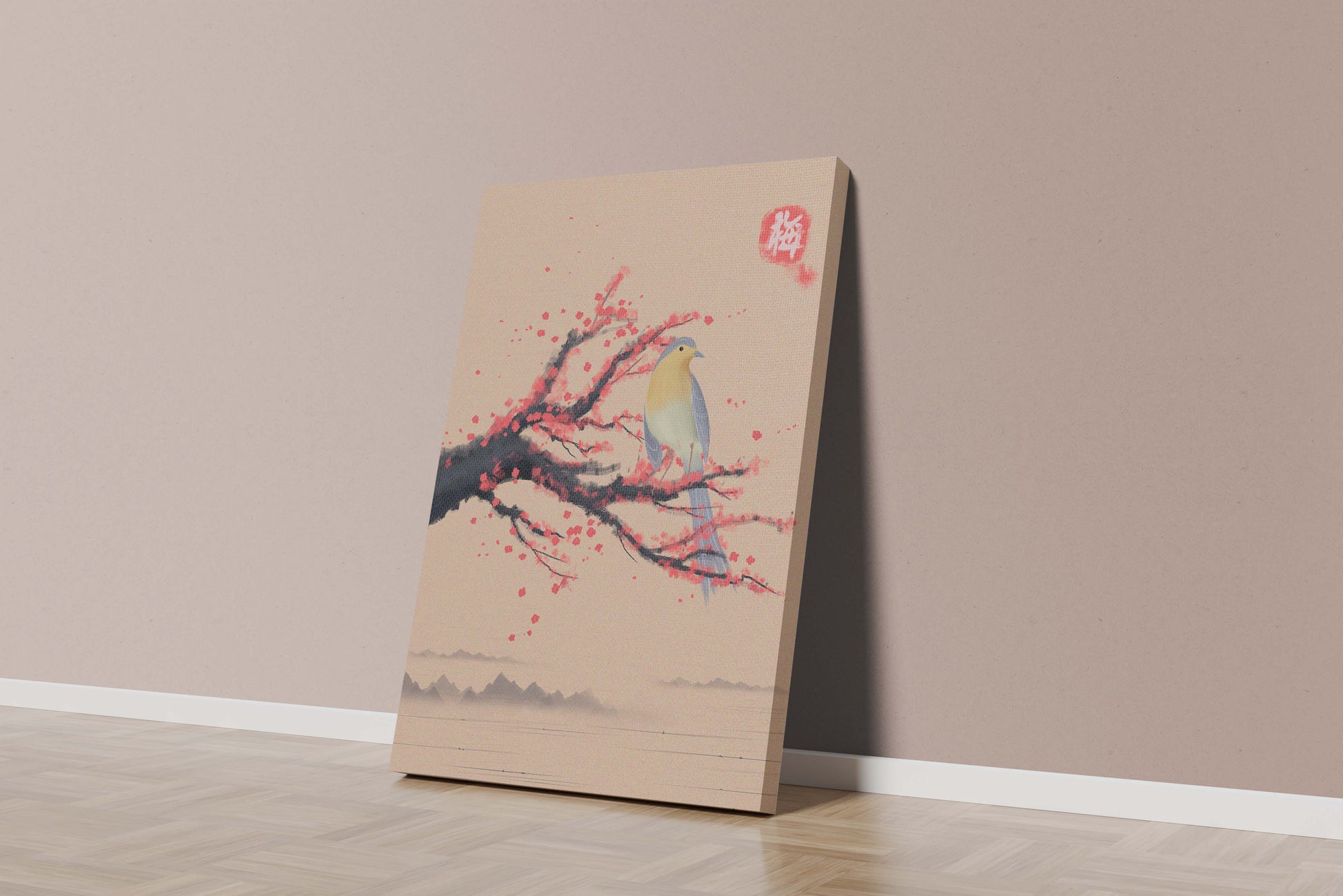 Serene bird on cherry blossom branch in traditional Asian art style
