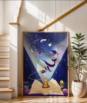 Imaginative galaxy scene with books and a child
