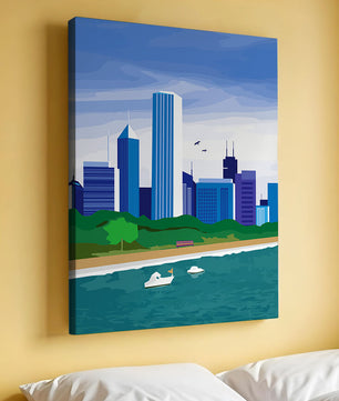 Paisaje urbano moderno con skyline y frente al agua en un estilo vibrante